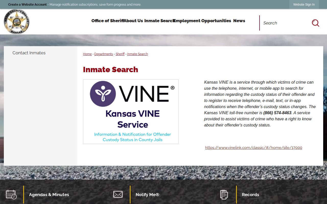Meade County Jail release and custody referral to Kansas VINE for Gray County inquiries