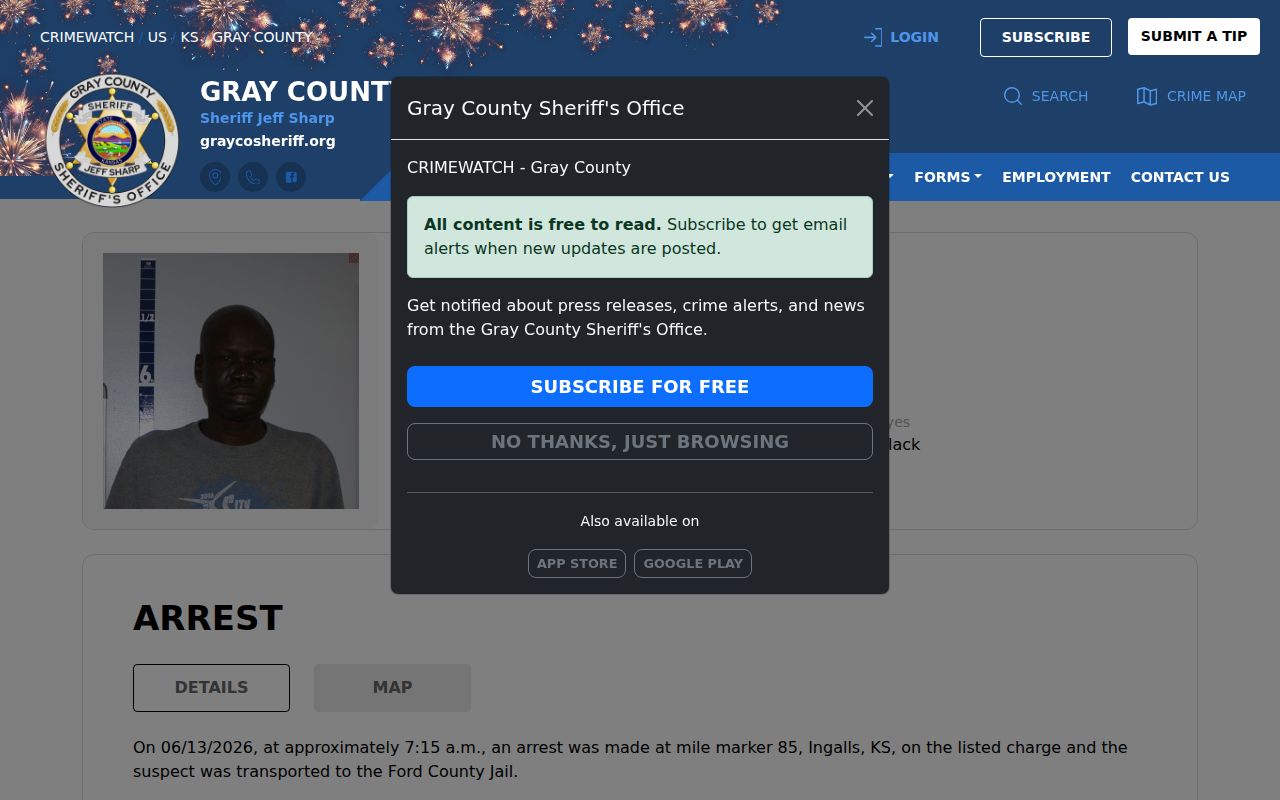 Ford County Jail transfer record for a Gray County custody event